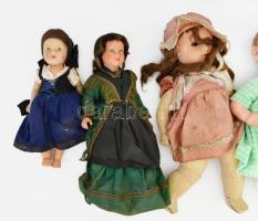 cca 1900-1950 7 darabos antik baba gyűjtemény, közte fa testű baba, cca 30-50 cm, vegyes állapotban