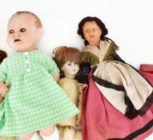 cca 1900-1950 7 darabos antik baba gyűjtemény, közte fa testű baba, cca 30-50 cm, vegyes állapotban