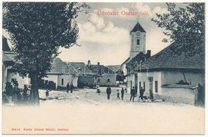 Oszlány, Oslany (Privigye, Okres Prievidza); Fő utca, templom. Jelinek Mihály kiadása / main street, church