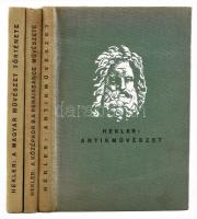 Hekler Antal 3 könyve: Antik művészet; A középkor s a renaissance művészete; A magyar művészet története. Bp., é.n. (cca 1930-1940), Magyar Könyvbarátok (Kir. M. Egyetemi Ny.) Fekete-fehér képekkel gazdagon illusztrálva. Kiadói egészvászon-kötés, kissé foltos borítókkal, fakó gerinccel, néhány kijáró lappal.