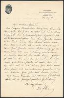 1915.V.18, Kiss József (1843-1921) A Hét szerkesztője, költő, a Petőfi Társaság tagja autográf kézzel írt levele beazonosítandó bécsi osztrák férfinak, a magyar feleségének üdvözletét küldi. Leírja, hogy a politikai viszonyok miatt nem várható a közeljövőben utazása Bécsbe, mivel az ember a négy fal között érzi magát biztonságban. Egy beírt oldal német nyelven, Kiss József autográf aláírásával, Kiss József portréjával ellátott fejléces papíron.