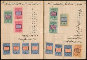 1945 Forgalmi adó könyv, benne kb 100 db illetékbélyeg