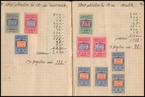 1945 Forgalmi adó könyv, benne kb 100 db illetékbélyeg