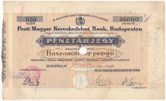 Budapest 1943. "Pesti Magyar Kereskedelmi Bank" pénztárjegye 25.000P-ről, lyukasztással érvénytelenítve T:F tűlyuk, szép papír