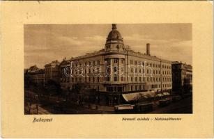 1909 Budapest VIII. Nemzeti színház, Ehm János étterme, villamosok, Hollandi Életbiztosító Részvény Társaság