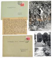 cca 1953-1957 Szabó Lőrincné Mikes Klára (1896-1978) gépelt levele képeslapon, "Kedves Rizukám" megszólítással, saját kezű aláírásával, 2 borítékkal. Valamint Mikes Klára és Szabó Lőrinc 2 közös fotója, 18x13 cm, 14x9 cm