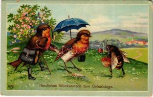 Herzlichen Glückwunsch zum Geburtstage / Születésnapi üdvözlet, madarak és méhecske / Birthday greeting, birds and bee. litho (EK)
