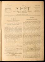 1896 A Hét. Politikai és irodalmi szemle. Szerk. és kiadja: Kiss József. 1896. I. félév (január-június). Bp., 1896, A Hét Kiadóhivatala (Athenaeum-ny.), 2 sztl. lev. + 460 p. Oldalszámozáson kívül egészoldalas képekkel illusztrálva. Korabeli félvászon-kötésben, kissé sérült, foltos borítóval, sérült, az elülső kötéstáblához ragadt címlappal, helyenként sérült, penészfoltos lapokkal.