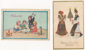 11 db főleg RÉGI karácsonyi és újévi grafikai képeslap vegyes minőségben / 11 mostly pre-1945 Christmas and New Year greeting postcards in mixed quality