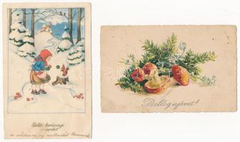11 db főleg RÉGI karácsonyi és újévi grafikai képeslap vegyes minőségben / 11 mostly pre-1945 Christ...