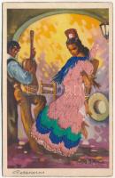 ~1963 Peteneras - Spanyol modern textil képeslap / Spanish folklore, modern textile postcard