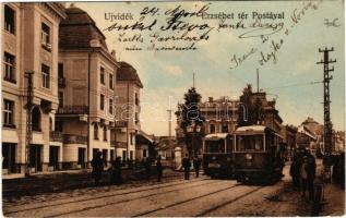 1914 Újvidék, Novi Sad; Erzsébet tér a postával, villamosok / square, post office, trams (Rb)