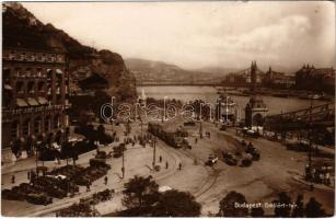 Budapest XI. Gellért tér és Gellért szálló, villamos, automobilok (fa)