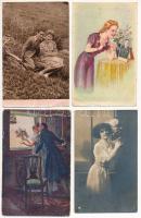 18 db RÉGI zsáner képeslap vegyes minőségben: hölgyek, szerelmes párok / 18 pre-1945 postcards in mixed quality: ladies, couples in love