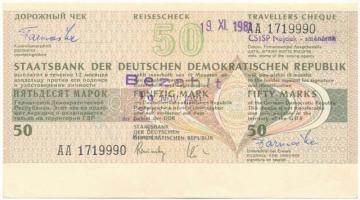 NDK 1981. utazási csekk 50M értékben a Cseh Állami Takarékpénztár felülbélyegzéseivel T:AU GDR 1981. 50 Marks worth Travelers Cheque with Czech State Savings Bank overstamps C:AU
