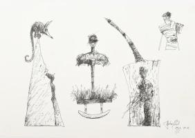 Szalay Pál (1953-2015): Alakok (szürrealista rajz), 1999. Tus, papír. Jelezve jobbra lent. Lapszéli egészen apró sérülésekkel. 28x42 cm