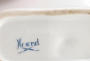 Herendi antik levél alakú ékszeres tálka, kézzel festett, jelzett, másodosztályú, kis kopással, h: 1...