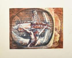 Olvashatatlan jelzéssel, XX. sz. vége/XXI. sz. eleje: Szürrealista jelenet Jézussal. Vegyes technika (sokszorosított grafika), papír. 29x39,5 cm