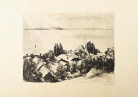 Kórusz József (1927-2010): Balaton. Rézkarc, papír, jelzett, lapszéli kisebb szakadásokkal és apró foltokkal. 29,5×38 cm