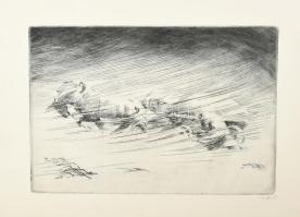 Nagy Zoltán (1916-1987): Hóviharban, rézkarc, papír, jelzett, 25×36,5 cm