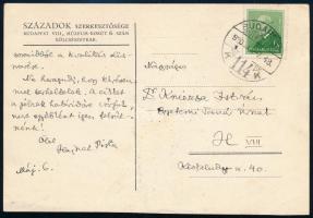 1938 Hajnal István (1892-1956) Széchenyi-díjas történész saját kézzel írt levele képeslapon, saját kezű aláírásával, Kniezsa István (1898-1965) Kossuth-díjas nyelvész, nyelvtörténész részére, Századok folyóirat képeslapján. Kniezsa István Fügedyt (Fügedi Eriket) ért bírálata ügyében.