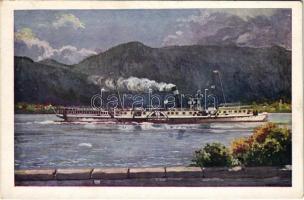 Orsova, I. Ferenc József termesgőzös, oldalkerekes gőzhajó. MFTR Művészlevelezőlap 6314-14. / "I. Ferenc József" Hungarian sidewheeler passenger steamer - képeslapfüzetből / from postcard booklet