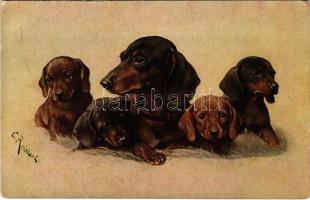 Tacskó kutyák / Dachshund dogs. T.S.N. Serie 1565. No. 5. s: C. Reichert (kopott sarkak / worn corners)