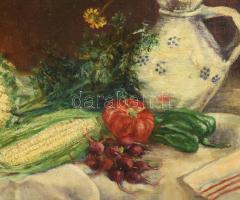 Jelzés nélkül, XX. sz. eleje: Csendélet zöldségekkel. Olaj, vászon, kartonra kasírozva. Hátoldalán O...