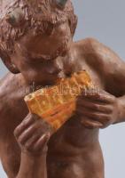 Izsépy Margit: Furulyázó Faun. Festett kerámia, jelzéssel, kis kopással, m: 28,5 cm