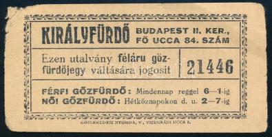 cca 1930 Budapest II. Ker. Királyfürdő félárú gőzfürdőjegy.