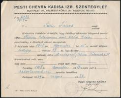 1939 Bp., a Pesti Chevra Kadisa Izr. Szentegylet értesítése halotti nyilvántartásban szereplő adatokkal kapcsolatban, aláírással, bélyegzővel