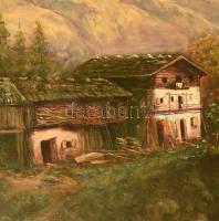 Jelzés nélkül: Sétálók a hegyek közt. Olaj, farost. Dekoratív, kissé sérült fakeretben. 70x95 cm. KI...