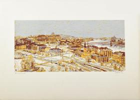 Csavlek András (1942- ): Budapest. Színes linómetszet, papír, jelzett, 26×55 cm