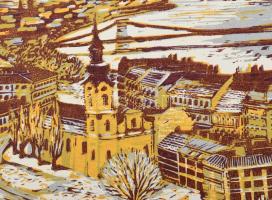 Csavlek András (1942- ): Budapest. Színes linómetszet, papír, jelzett, 26×55 cm