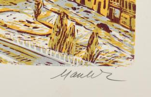 Csavlek András (1942- ): Budapest. Színes linómetszet, papír, jelzett, 26×55 cm