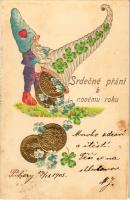 1905 Srdecné prání k novému roku / Dombornyomott újévi üdvözlet törpével / New Year greeting with dwarf, embossed litho