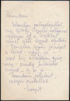 cca 1960-1970 Kovács Margit (1902-1977) Kossuth-díjas keramikus saját kézzel írt levele, Baksa-Soós Anna részére, saját kezű aláírásával, 1 beírt oldal.