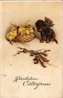 1928 Herzlichen Ostergruss / Húsvéti üdvözlet kutyával és csibékkel / Easter greeting with dog and chicken. litho