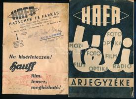 1936 HAFA (Hatschek és Farkas fotó, amatőrmozi, optikai és rádiószaküzlet, fotó-mozilaboratórium) képes árjegyzék katalógus. Benne gazdag fénykép, mozivetítő, kamera, rádió, stb illusztrációkkal +boríték