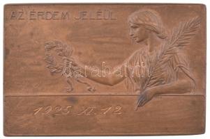 1925. "Az érdem jeléül" bronz díjplakett "1925. XI.12. / Vivás I. dij" gravírozással (37x56mm) T:XF patina