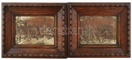 cca 1900-1920 2 darab bronzírozott spiáter zsánerkép, dekoratív vastag fakeretben, szép állapotban, kép 16x21 cm, kerettel 29x34 cm