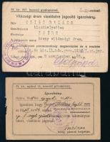 1918 Arany, ill. Ezüst Vitézségi Érem viselésére jogosító igazolványok (2 db), mindkettő Czigó Balázs névre