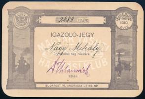 1910 Magyar Vasúti és Hajózási Klub (tagsági) igazolójegy, 11x7,5 cm