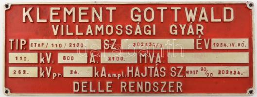 Klement Gottwald Villamossági Gyár, 1954, alállomási transzformátor gyártási tábla, festett fém, 13x35 cm