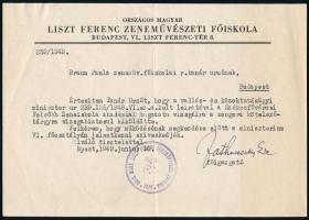1949 Zathureczky Ede (1903-1959) kétszeres Kossuth-díjas hegedűművész, a Zeneakadémia igazgatójának (1943-1957) gépelt levele, saját kezű aláírásával Braun Paula (1881-1962) zsidó származású zongoraművész, pedagógus részére.