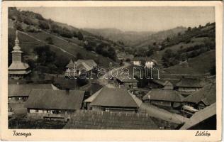 1941 Toronya, Toronany, Toruny; látkép, fatemplom, utca, autóbusz. Heimovits Hermann kiadása / general view, wooden church, street view with autobus