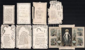 cca 1900 8 db régi, csipkés szentkép, közte egy kinyitható. Vegyes állapotban, sérülésekkel, 12x7,5 ...