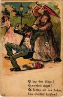 1901 Ki kap itten ütleget? Házas humor, megcsalt feleség elveri a férjét / Married humour, wife beating her husband. litho (fa)