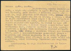 cca 1960-1970 Eörsi István (1931-2005) Kossuth- és József Attila-díjas író, költő, műfordító gépelt levelezőlapja testvére, Eörsi Gyula (1922-1992) jogtudós, egyetemi tanár részére, autográf aláírással, hajtásnyommal.