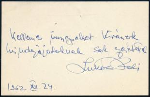 1962 Lukács Pál (1919-1981) Kossuth-díjas brácsaművész, főiskolai tanár saját kézzel írt üdvözlőlapja, aláírással.